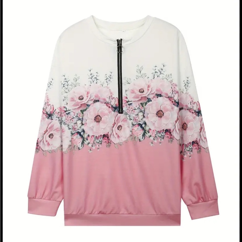 Temu 3X Floral Pink and White Quarter-Zip long sleeve top 30”L 24” p2p